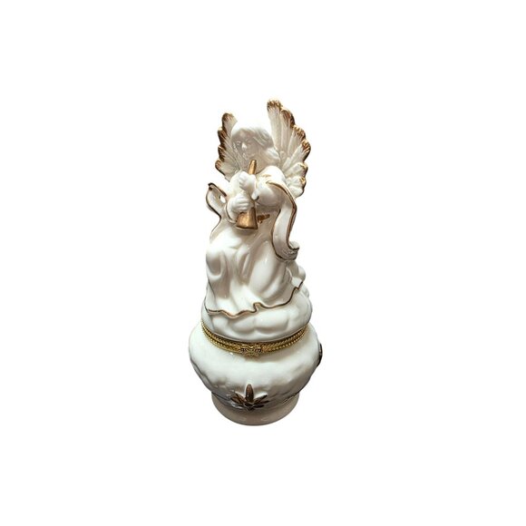 Vintage Porcelain White & Gold Angel Trinket Box - Picture 1 of 10